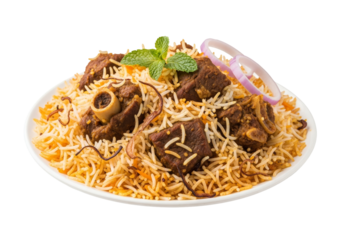 lamb biryani plate on white with fried onions and mint garnish