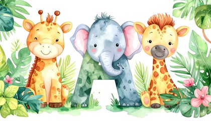 A colorful illustration of three smiling safari animals