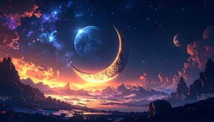 Vibrant celestial landscape with crescent moon.