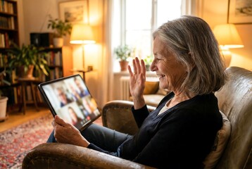 Elderly woman on video call waving hand at family members on tablet. Senior lady enjoying virtual meeting with children and grandchildren from home.