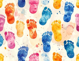 A colorful pattern of various footprints