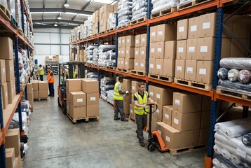 Men working in warehouse. Workers moving boxes on pallets with forklift and pallet jack. Distribution and logistics operation.