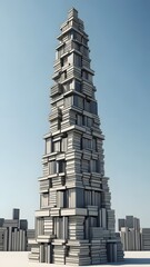 A tall stack of books forming a tower in a city