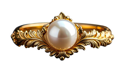 Ornate gold ring with a large, lustrous pearl on a black background
