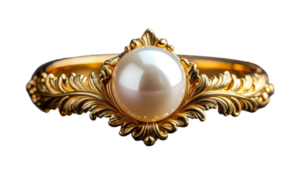 Ornate gold ring with a large, lustrous pearl on a black background