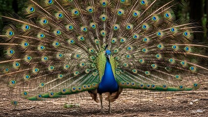 Obraz premium A majestic peacock standing on brown earth with its vibrant tail feathers fully spread out in a fan shape, showcasing bright blue, green, and gold colors, against a blurred wooded