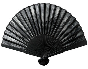 Black hand fan with a monochrome landscape scene, open against a black background
