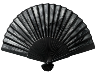 Black hand fan with a monochrome landscape scene, open against a black background