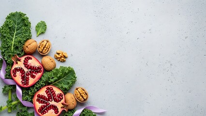Pomegranate halves walnuts and kale leaves arranged on a textured light gray surface symbolize health wellness and nutrition for dietary awareness