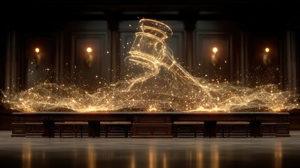 An empty, modern courtroom where the judge's bench has a glowing, holographic gavel floating above it, digital law and e-compliance concept 