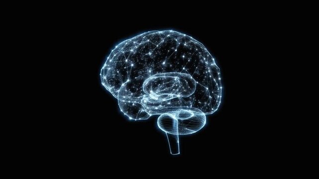Glowing blue brain illustration on black background with neon wireframe effect