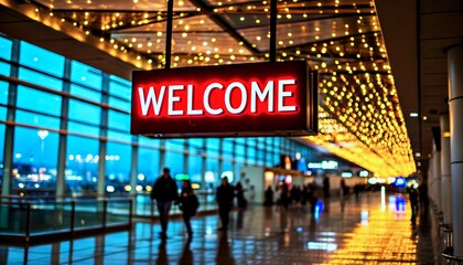 Photograph of a modern airport terminal at night with a large illuminated "WELCOME" sign, string lights, and travelers walking on a shiny floor.