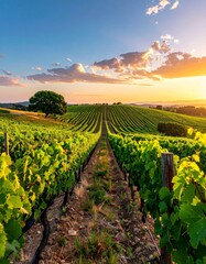 Lush green plants blanket the rural French vineyard landscape under a warm summer sunset sky where the sun meets the horizon