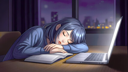 young girl with study material book or laptop sleeping