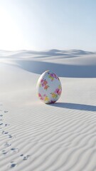 A white ball with colorful flowers sitting on sand dunes