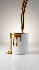 A white mug with gold liquid pouring out of it