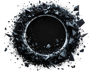 A dark circle surrounded by shattered, angular fragments on black