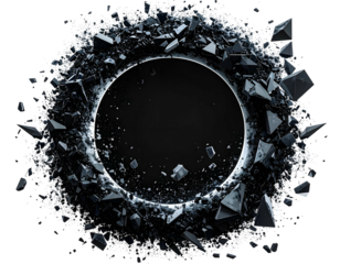 A dark circle surrounded by shattered, angular fragments on black