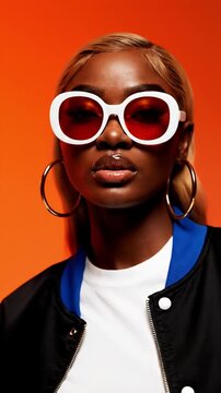 Stylish African American woman embodying confidence and urban fashion with large sunglasses and gold hoops on an orange background. Perfect for modern lifestyle, digital marketing, social media...