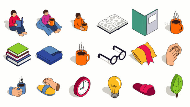 Isometric icons of cozy home activities and relaxation. People reading, drinking coffee, with books, blankets, and comfort items for a peaceful lifestyle.