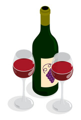Open bottle of expensive wine and two filled crystal glasses. Cartoon 3D vector isolated on white background