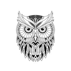 Obraz premium Stylized Geometric Owl Head Illustration - Intricate Black and White Vector Art with Tribal Patterns and Abstract Design