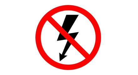 Obraz premium Vector warning sign with a red prohibition circle crossing a black lightning bolt, signifying no electricity, electrical hazard prohibition, or a power-free safe zone