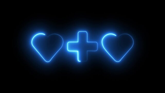 Neon glowing heart two love and plus symbol icon simple positive plus icon.