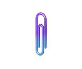Vibrant purple to blue gradient paper clip, glossy 3D render on white. 3d illustration