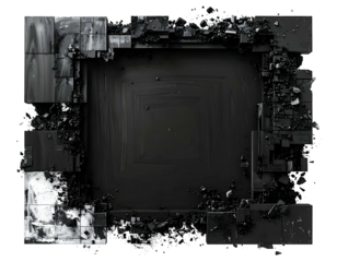 Square frame of shattered black tiles with a central, embossed square