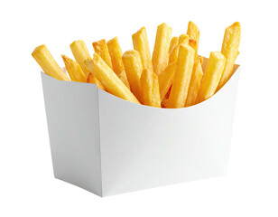 Fries in white carton. Crisp golden potato sticks