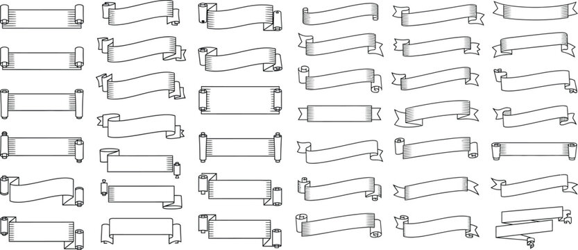 Various banner shapes illustration, outlined scrolls and ribbons for decoration and design