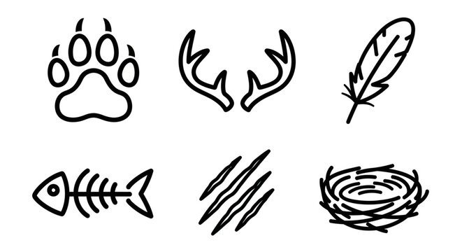 Set of stylized icons depicting nature-related elements paw print, antlers, feather, fish skeleton, claw marks, and a bird's nest, all in a clean line art style