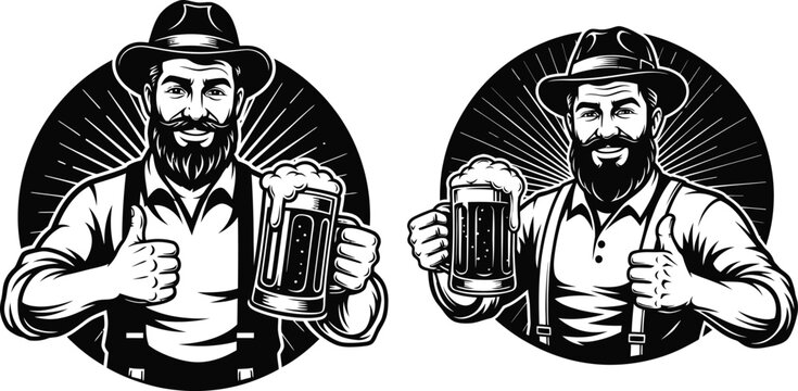Vintage bearded man with beer, hat, suspenders, thumbs up, Oktoberfest design