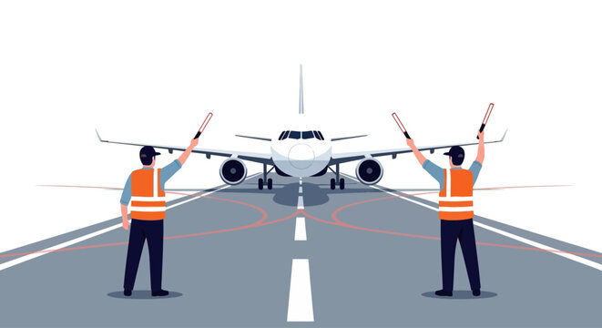 Airport ground staff guiding a passenger airplane on the tarmac with marshalling wands, ensuring safe movement and efficient air travel operations