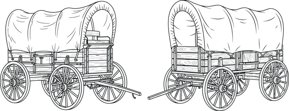 Western covered wagon illustrations, detailed vintage pioneer wagons line art, antique vehicle drawing