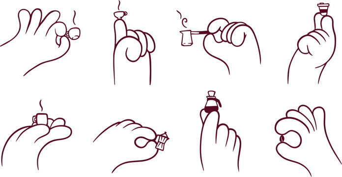 Cartoon cute hands holding coffee cup, bean and equipment. Set abstract doodle vector illustration gestures for sticker.