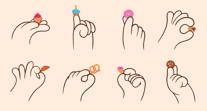 Cartoon cute hands holding desert bakery. Cupcake, donut, cake, cookie, pretzel, croissant. Set abstract doodle vector illustration gestures for sticker.