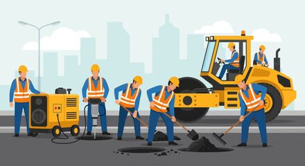 Construction workers on road repair with asphalt paving and a steamroller