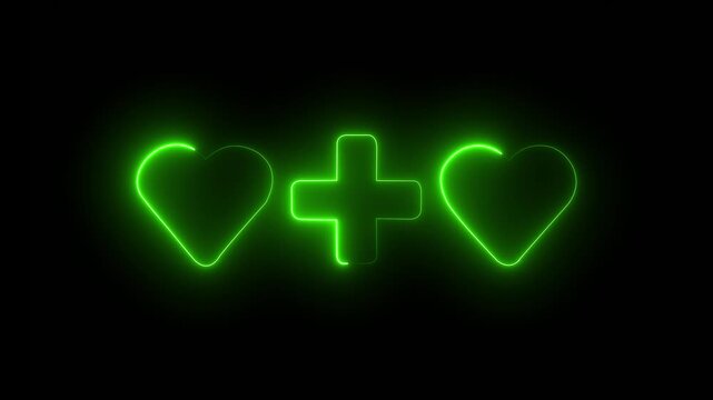 Neon glowing heart two love and plus symbol icon simple positive plus icon.