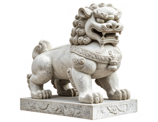 Stone Chinese guardian lion statue isolated on white background