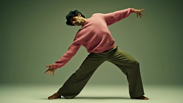 Dynamic male dancer performing an expressive pose in a creative studio with a dramatic backdrop