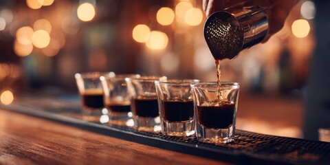 The Shot Glasses Being Filled With Dark Espresso On A Bar Counter
