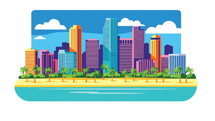 Obraz premium Flat vector illustration of a Miami-style coastal skyline with modern high-rise buildings, palm trees, beach foreground and tropical atmosphere using clean solid colors