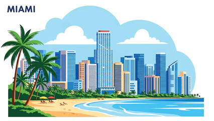 Flat vector illustration of a Miami-style coastal skyline with modern high-rise buildings, palm trees, beach foreground and tropical atmosphere using clean solid colors © meeblues