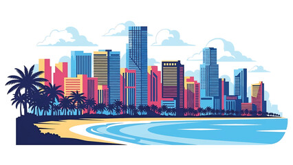 Flat vector illustration of a Miami-style coastal skyline with modern high-rise buildings, palm trees, beach foreground and tropical atmosphere using clean solid colors © meeblues