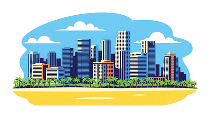 Flat vector illustration of a Miami-style coastal skyline with modern high-rise buildings, palm trees, beach foreground and tropical atmosphere using clean solid colors © meeblues