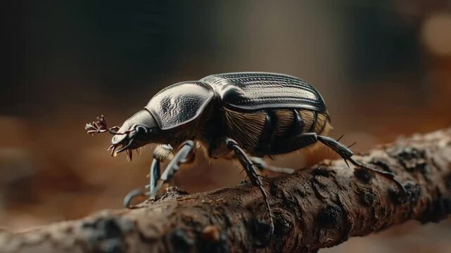 A close-up shot of a shiny black beetle perched on a branch in a forest environment from a low angle