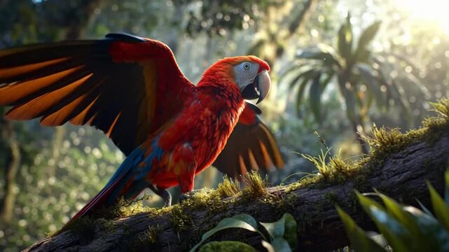 Vibrant Red Parrot Spreads Wings on Branch in Lush Forest video (67)