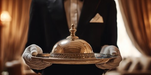 The Silver Cloche on a Tray Held by a Gloved Butler in Tuxedo